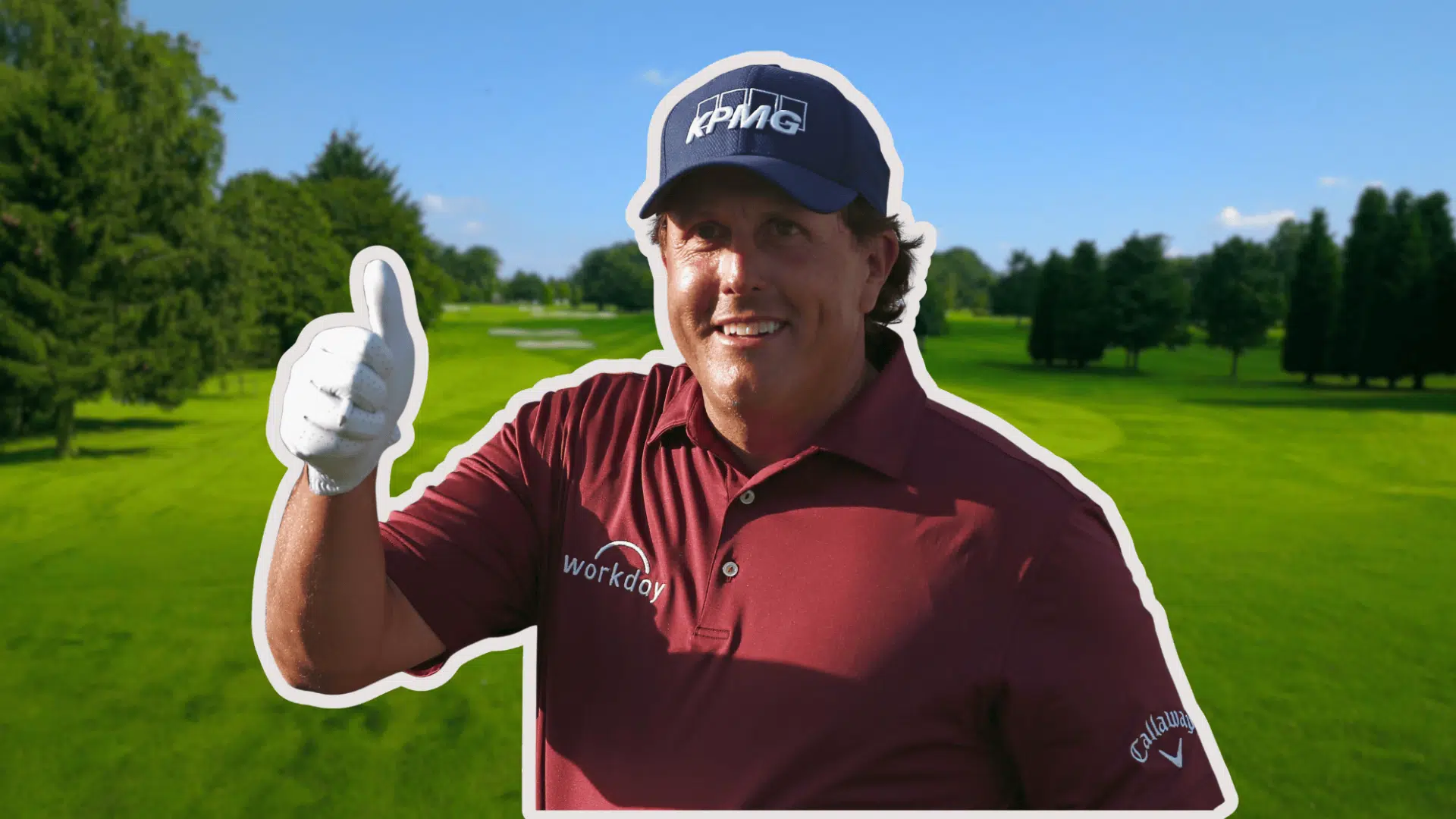 phil mickelson wearing a KPMG cap and a maroon polo gives a thumbs up on a sunny golf course background