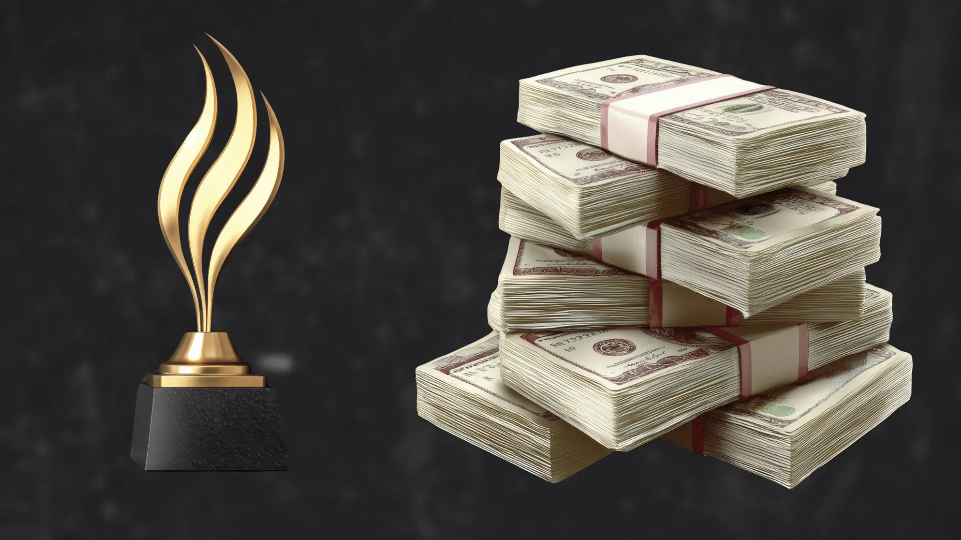 A golden trophy placed beside a tall stack of bundled cash notes symbolizing prize money or financial rewards