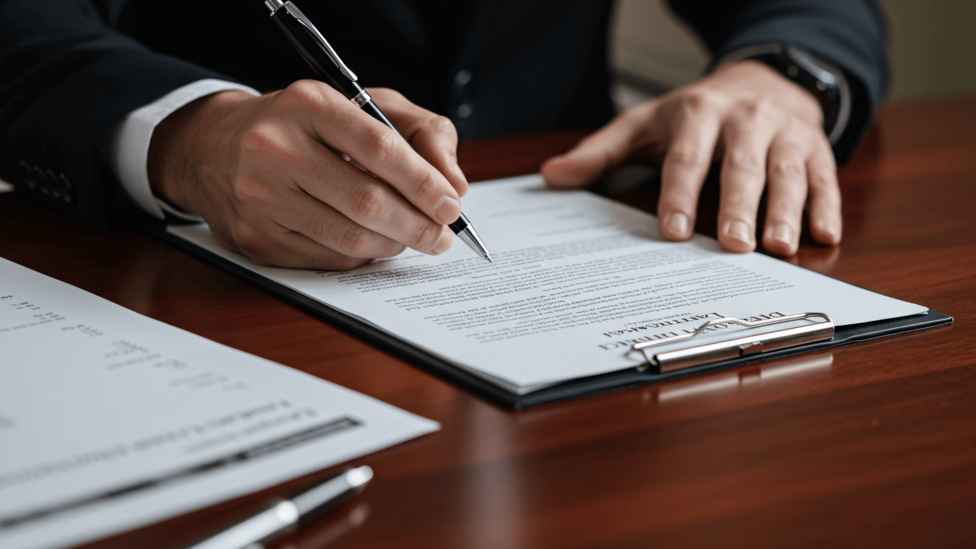 A man signing a contract on a clipboard at a wooden desk with documents placed beside him and his other hand resting on the paper