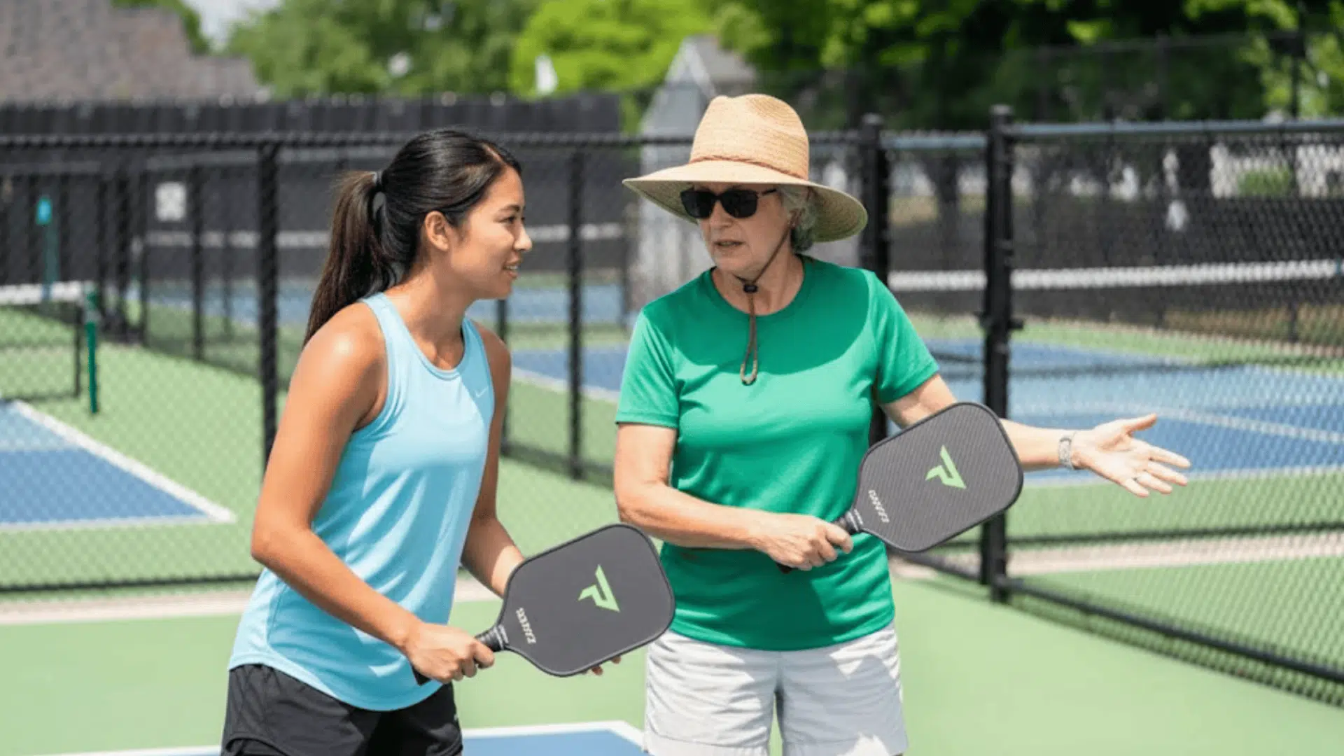 Two women holding pickleball paddles talk on an outdoor court with one gesturing while giving guidance during play