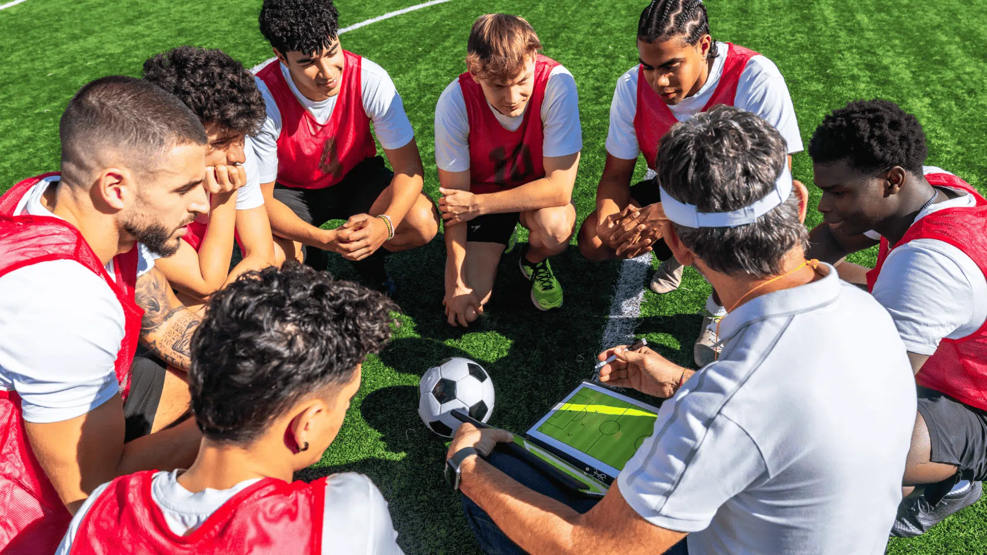 a coach giving the feedback to his team on the field