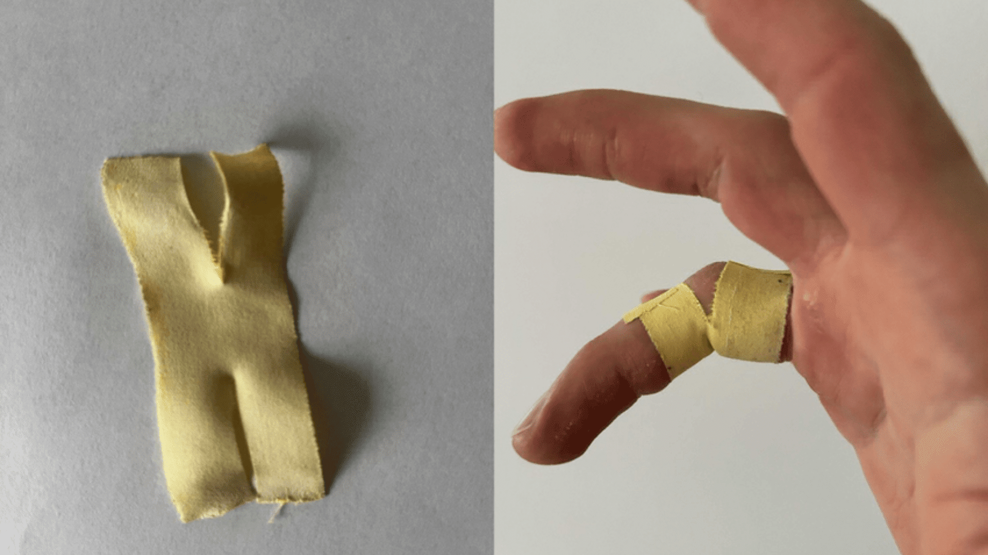 a cut piece of yellow medical tape and a hand with a finger wrapped in the same tape against a plain background