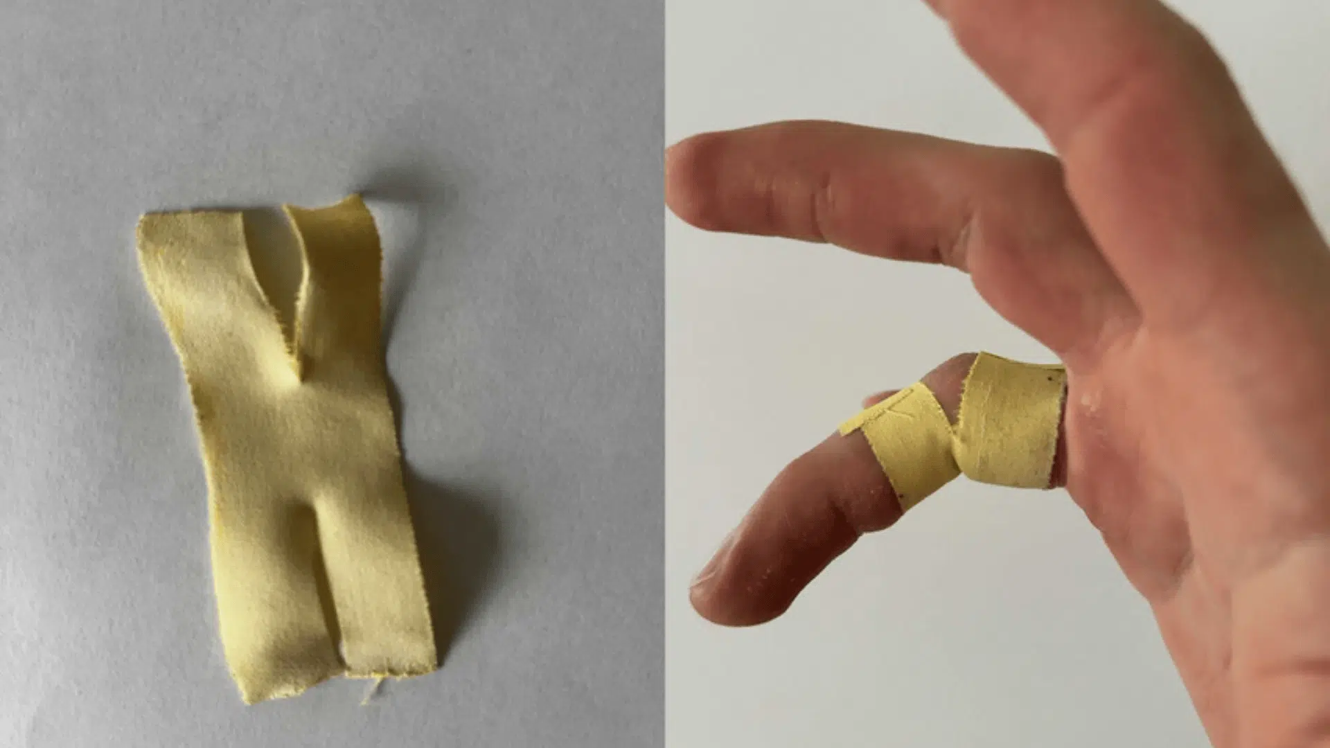a cut piece of yellow medical tape and a hand with a finger wrapped in the same tape against a plain background