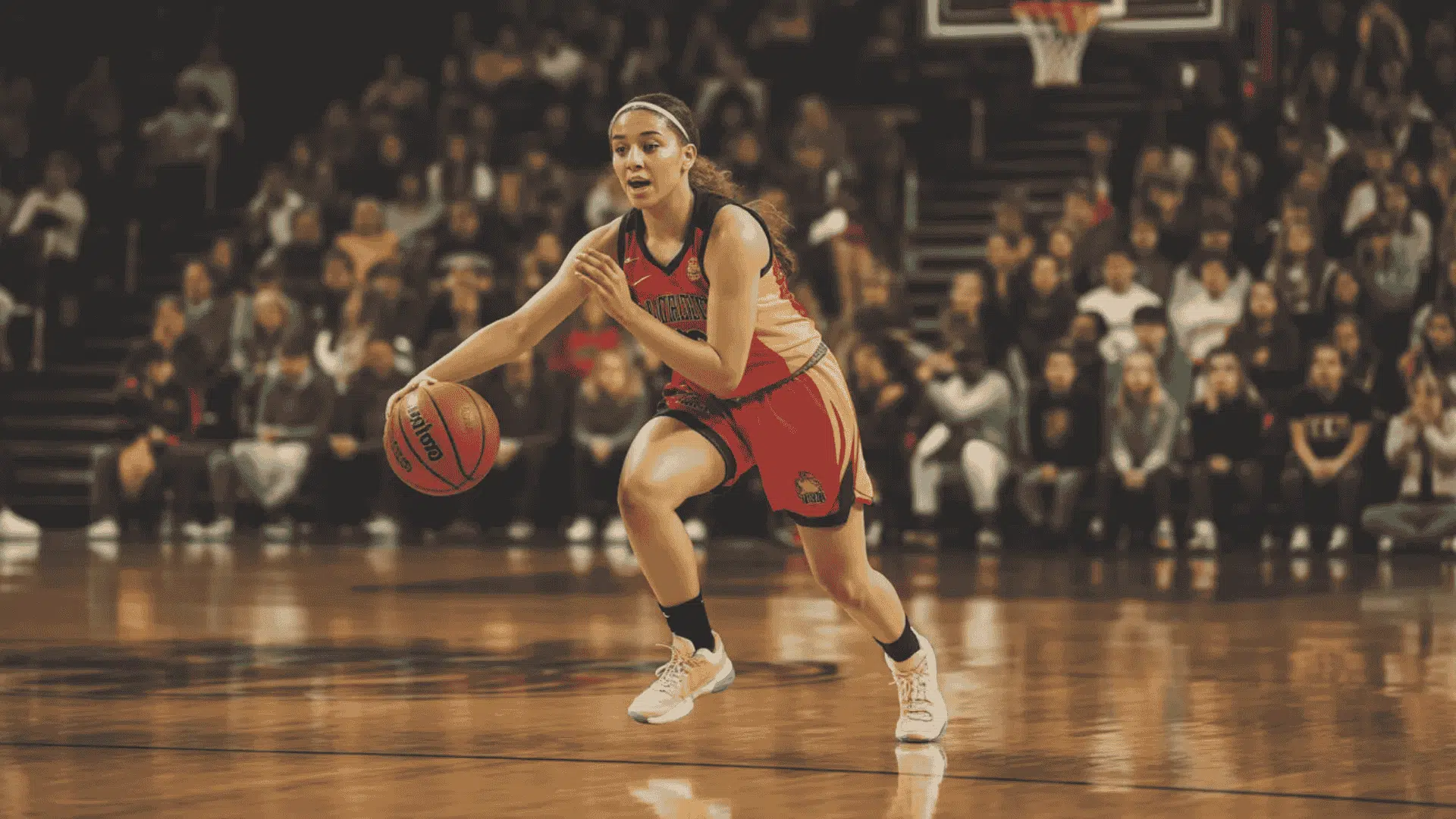 a female basketball player dribbling the ball on the court in a packed arena
