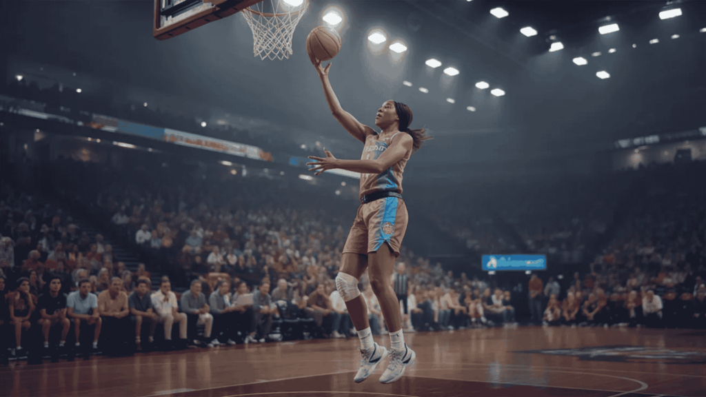 a female basketball player making a layup during a game, with fans in the background