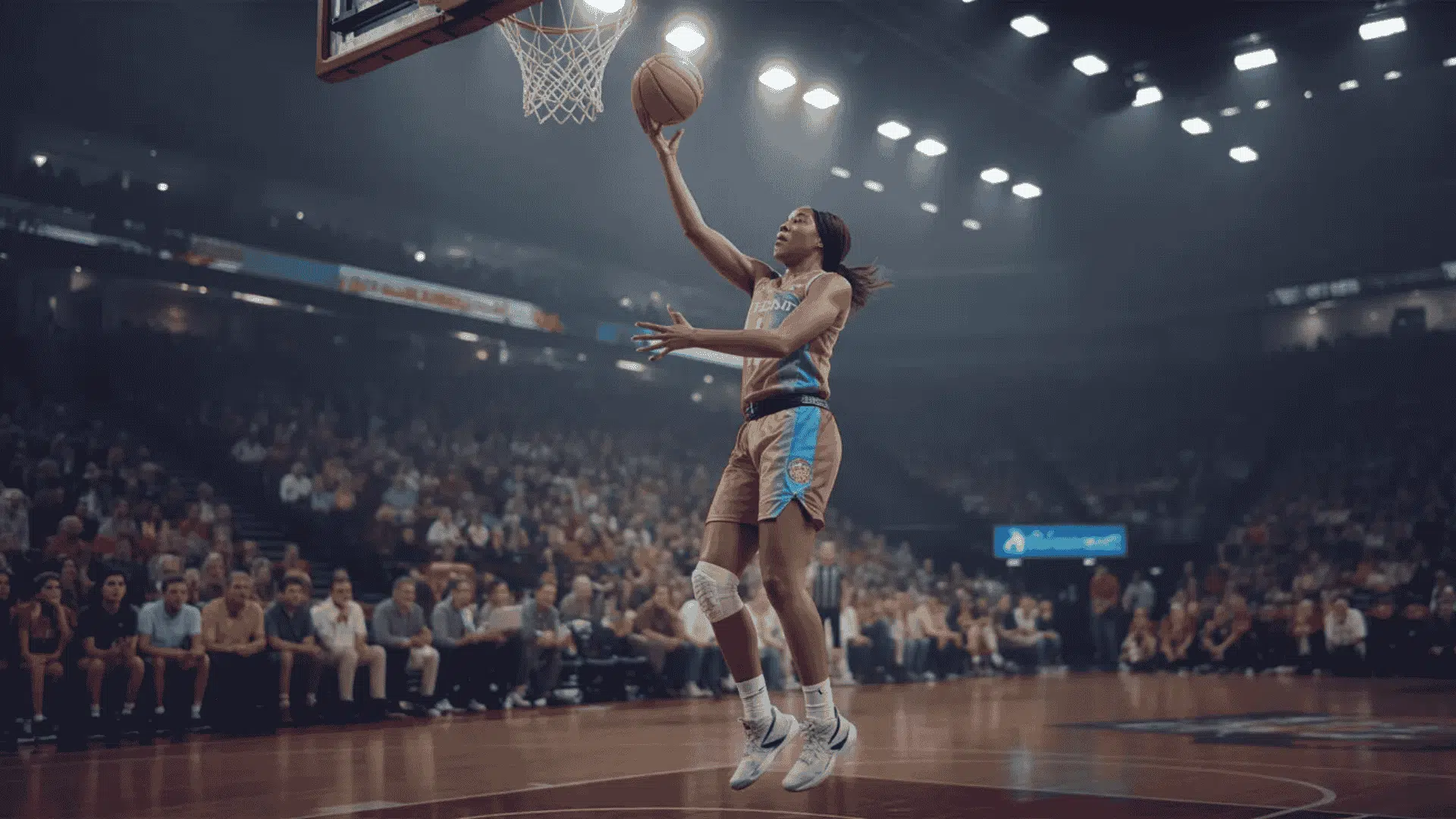 a female basketball player making a layup during a game, with fans in the background