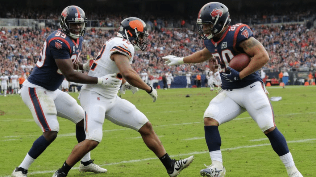 a football defensive play with players on grass field blocking each other showing whats a db in football is 