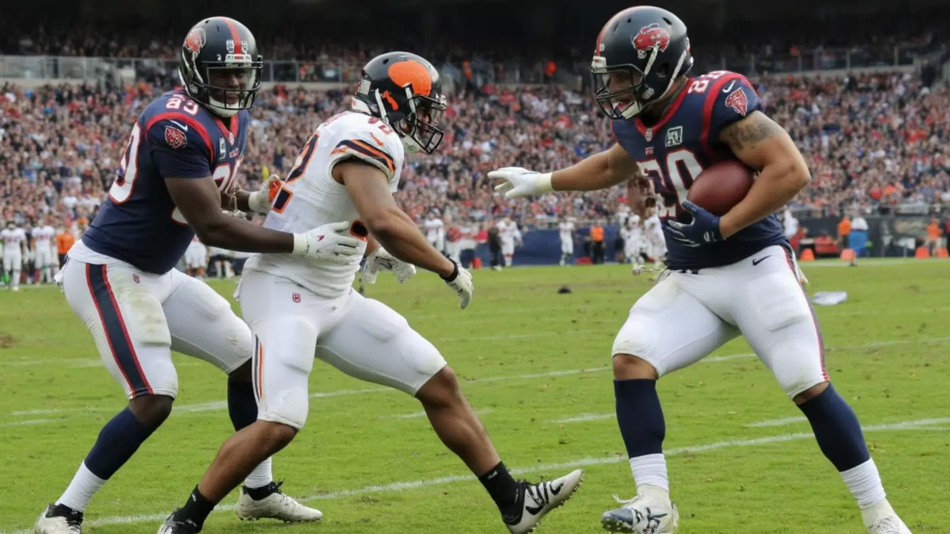 a football defensive play with players on grass field blocking each other showing whats a db in football is 