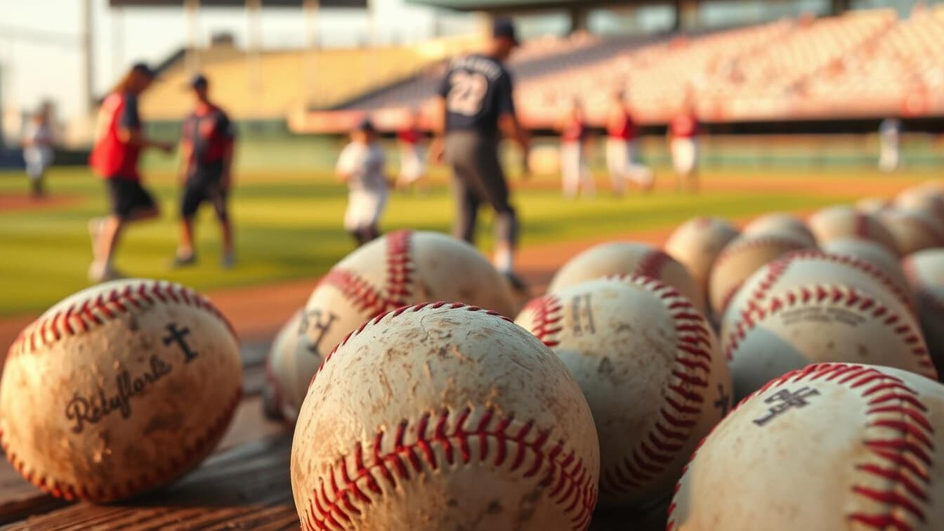 a group of baseballs sits on the field during practice