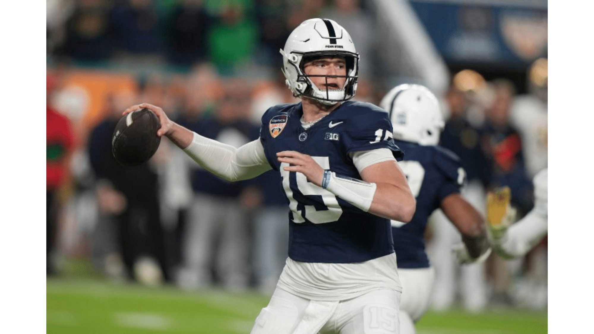 a penn state nil earner football player wearing number 15 prepares to throw a pass during a game with teammates in the background