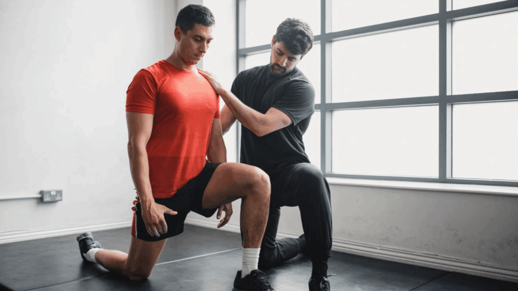 a physical therapist guiding a man through a kneeling lunge to assess passive range of motion in a clinic