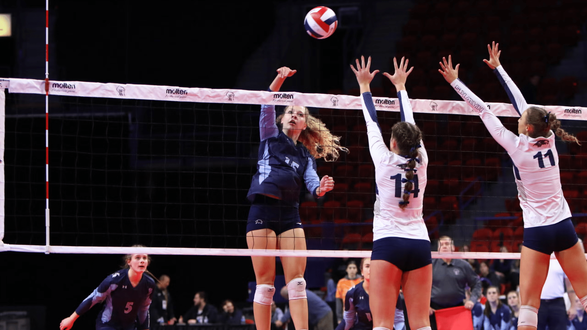 a volleyball player spiking the ball over the net during an indoor match as two blockers jump to defend at the net