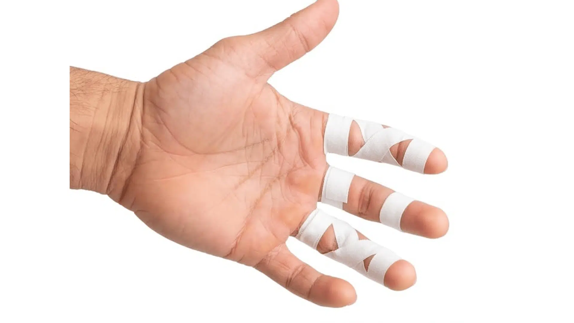 an open hand with the palm facing up and several fingers wrapped in white medical tape against a clean white background
