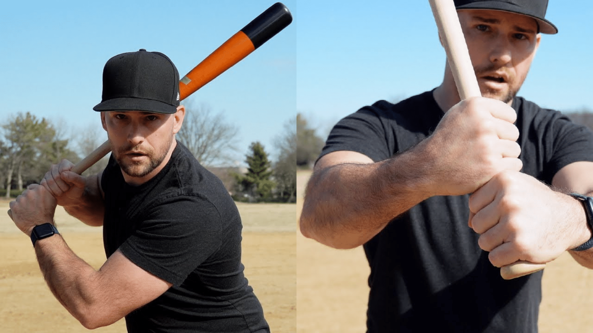 batter gripping baseball bat showing