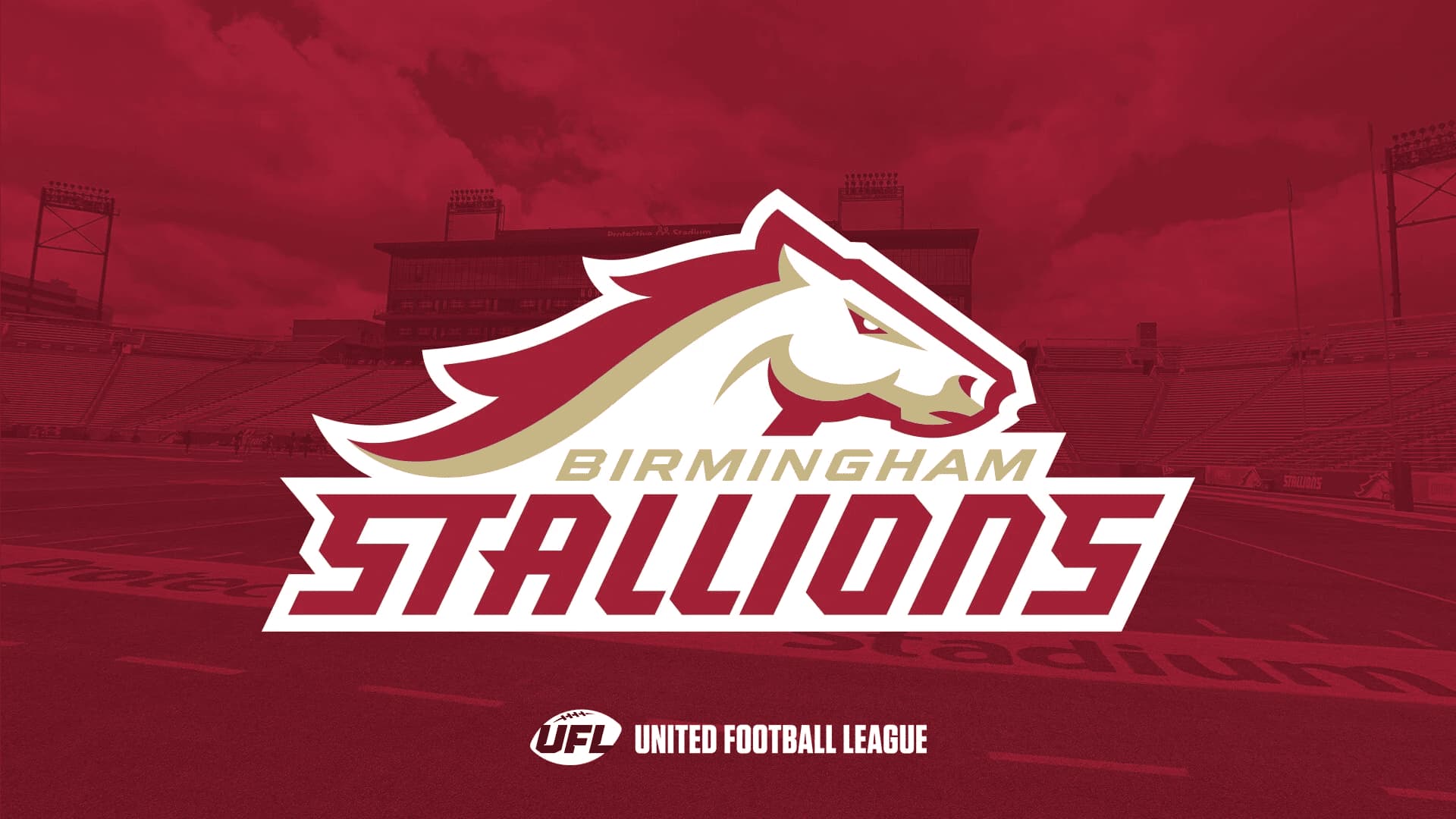 birmingham stallions football team logo with a stylized horse head over a red stadium background