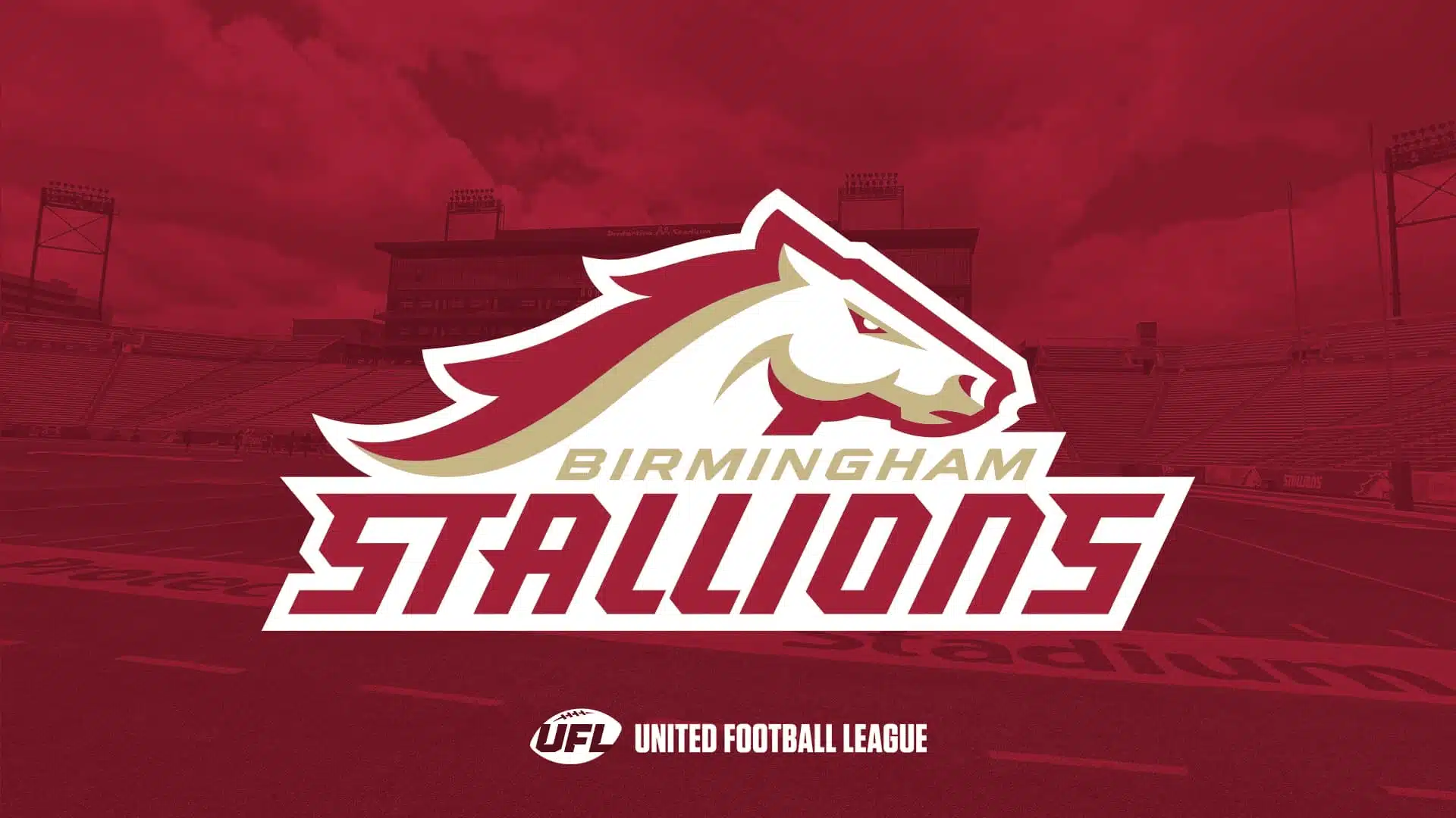 birmingham stallions football team logo with a stylized horse head over a red stadium background