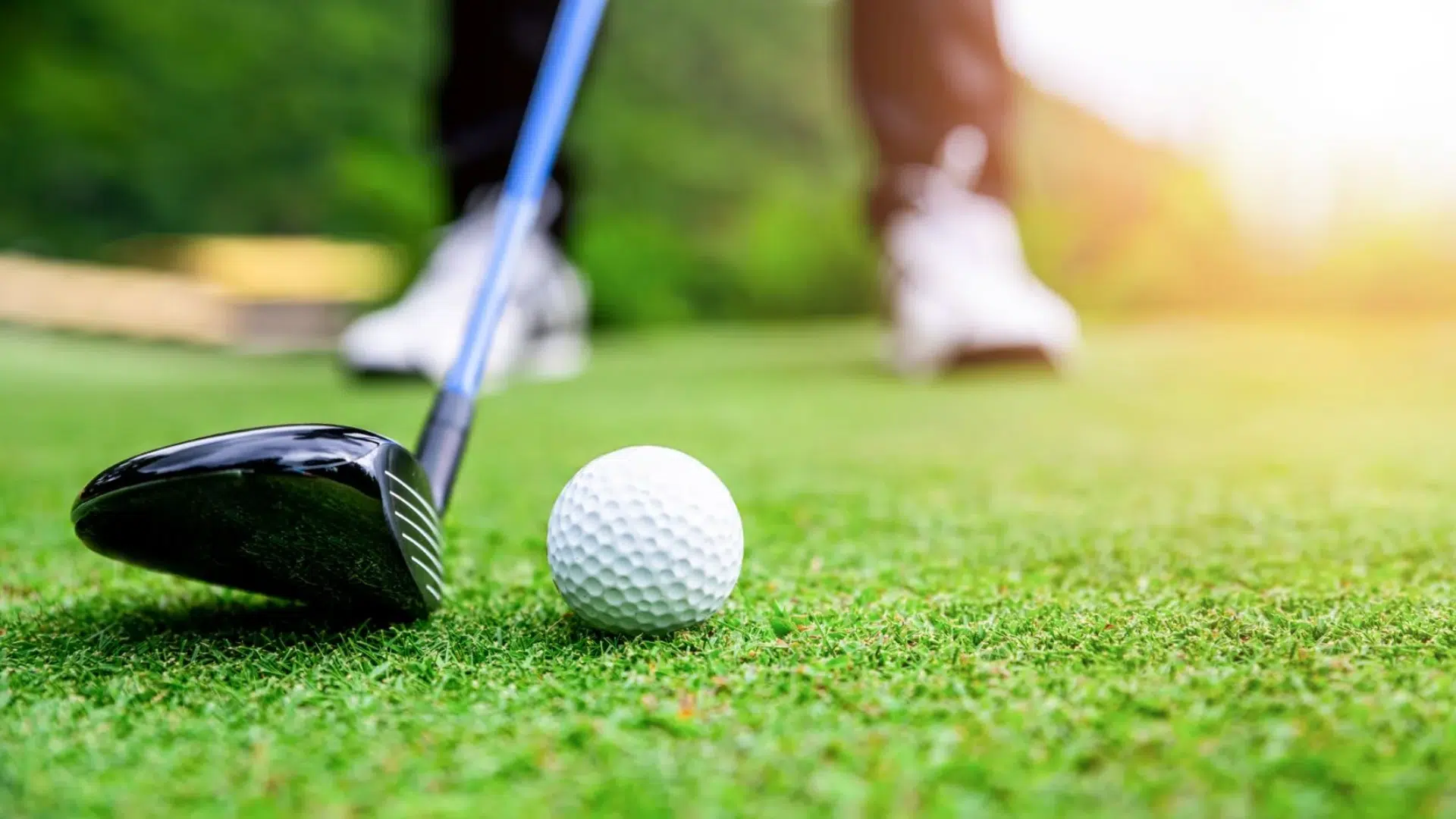 close up of a golf ball on green grass beside a driver as a player prepares for different golf shot names