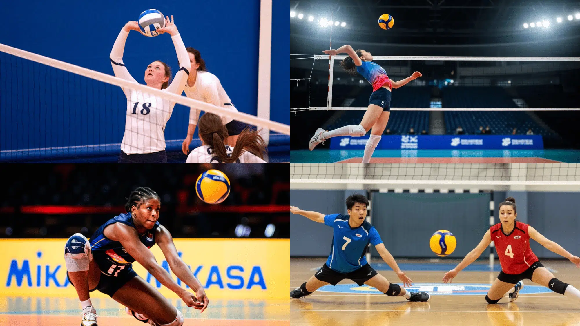 collage of volleyball players performing a set spike dig and defensive save during indoor matches on a professional court
