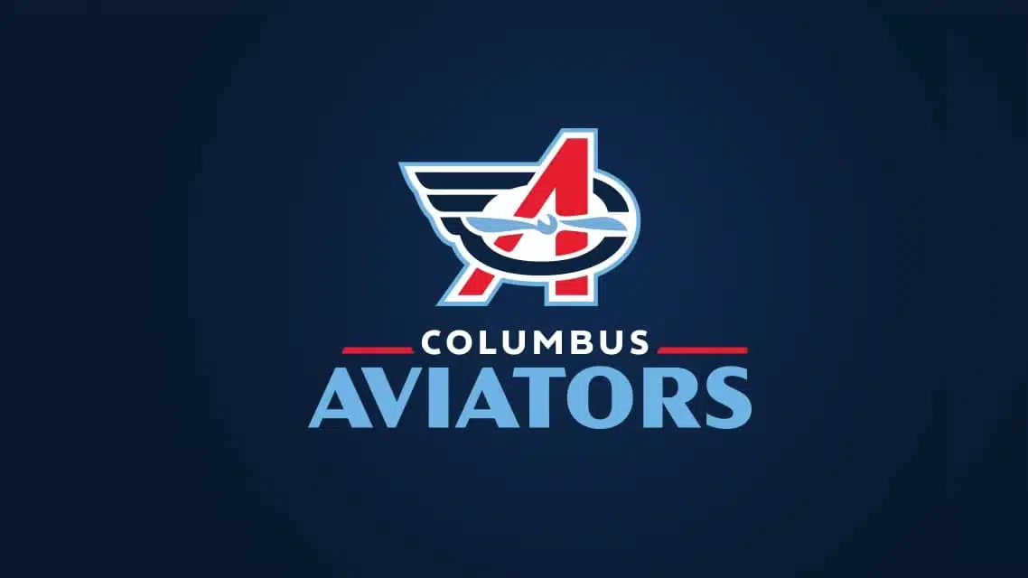 columbus aviators football team logo showing a winged letter a with an airplane on a dark blue background