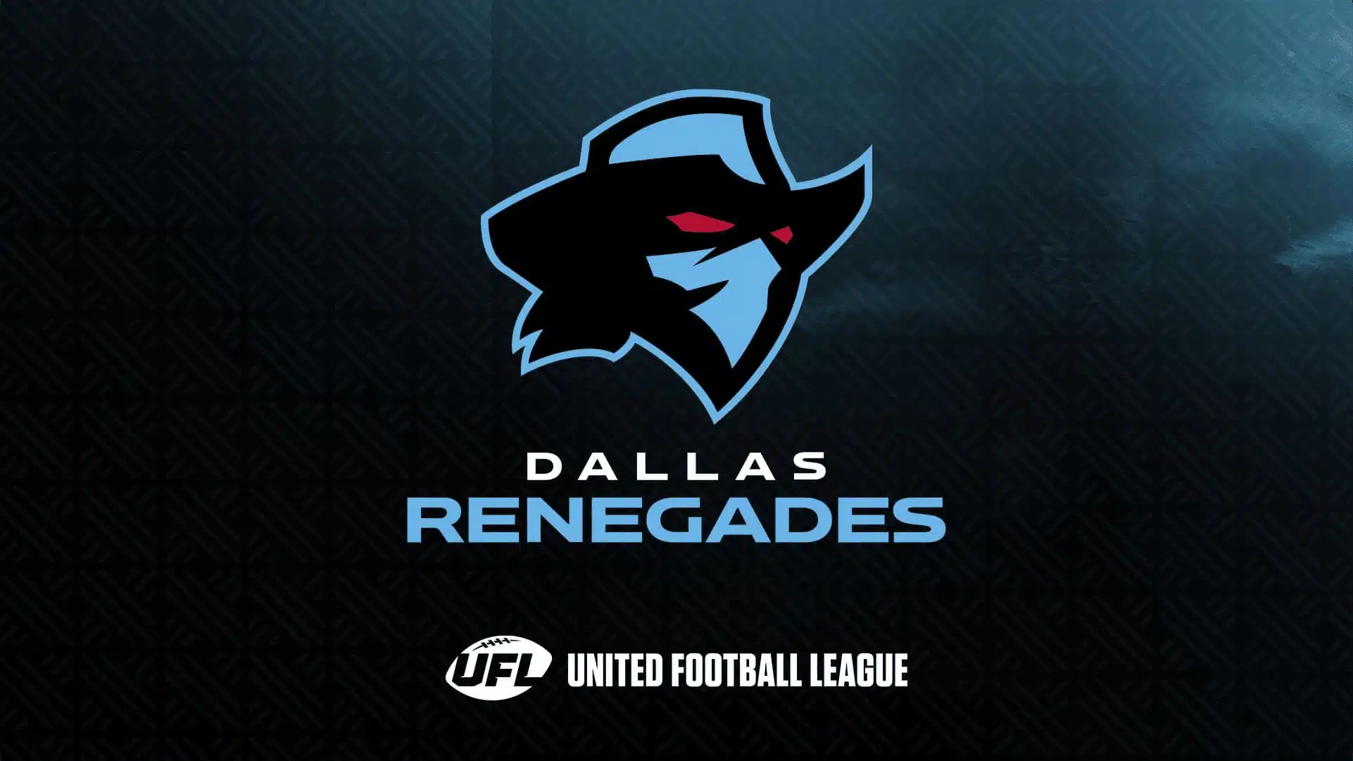 dallas renegades football team logo showing a stylized outlaw face with a hat in blue and black on a dark textured background