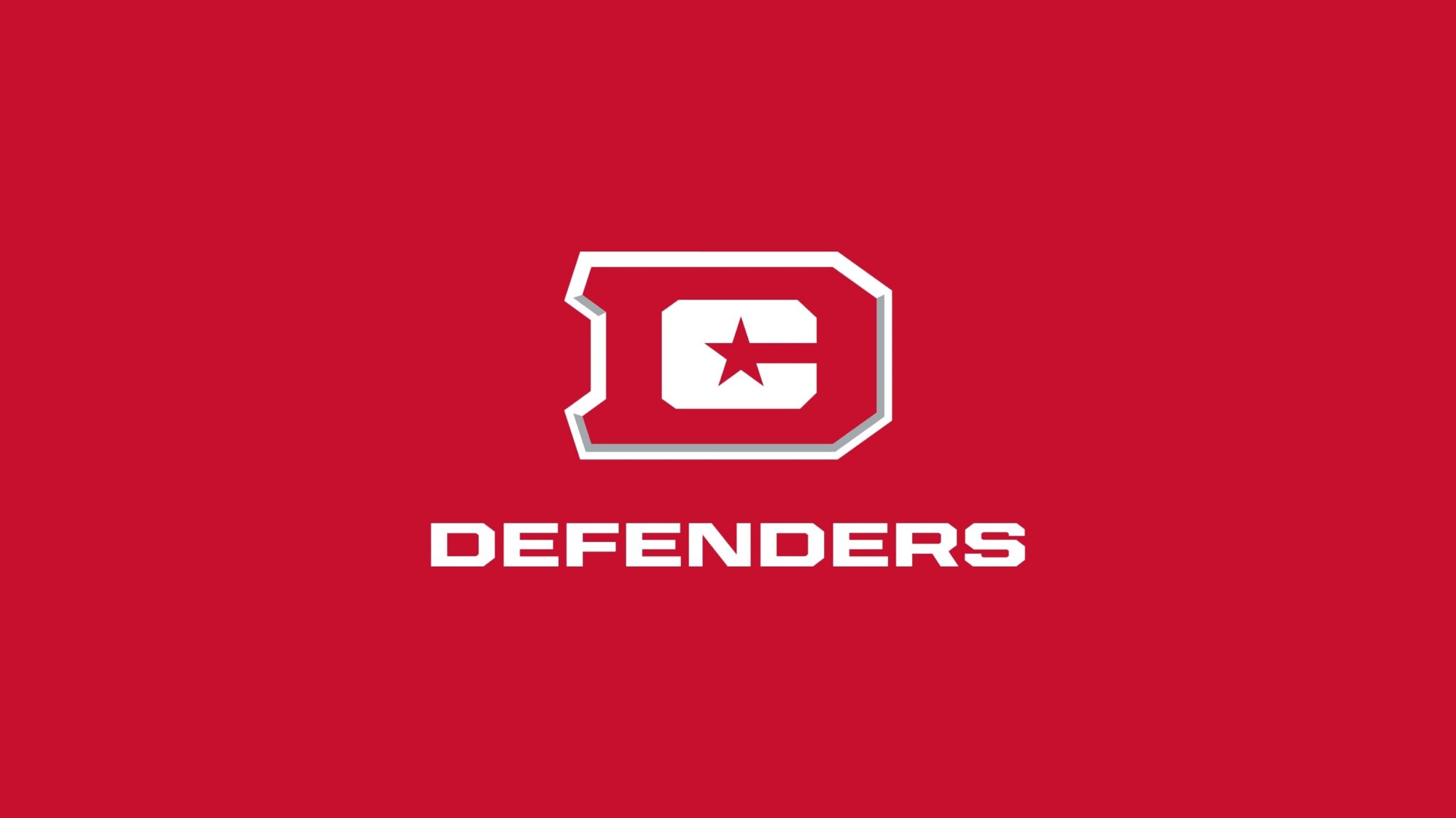 dc defenders football team logo featuring a bold red letter d with a white star at the center on a solid red background