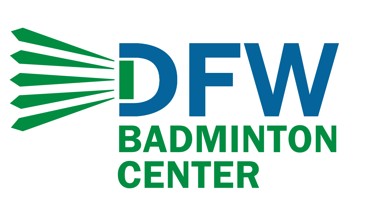 dfw badminton center logo with green shuttlecock wings forming a letter D and blue dfw text on white background