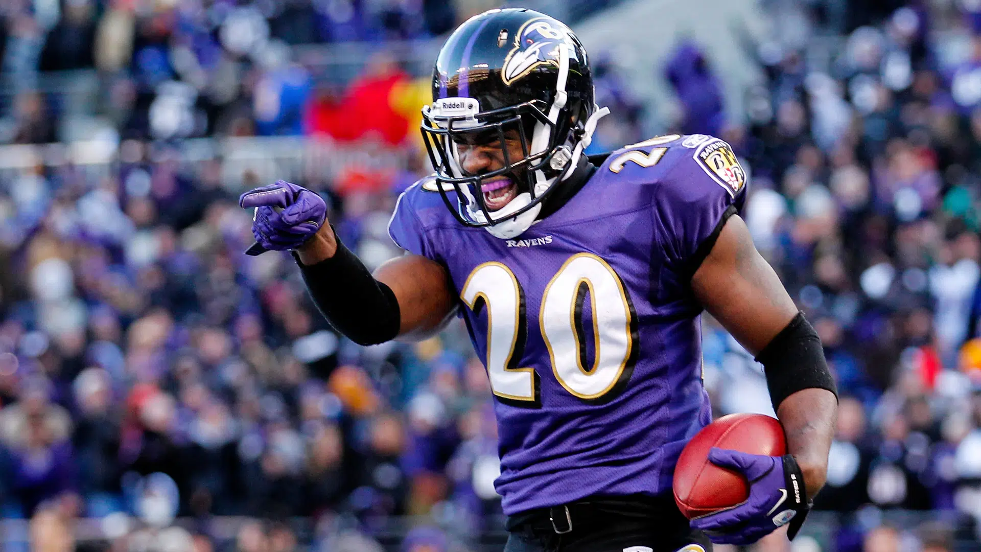 ed reed in a purple uniform holding the ball and pointing while celebrating on the field with a blurred crowd behind him