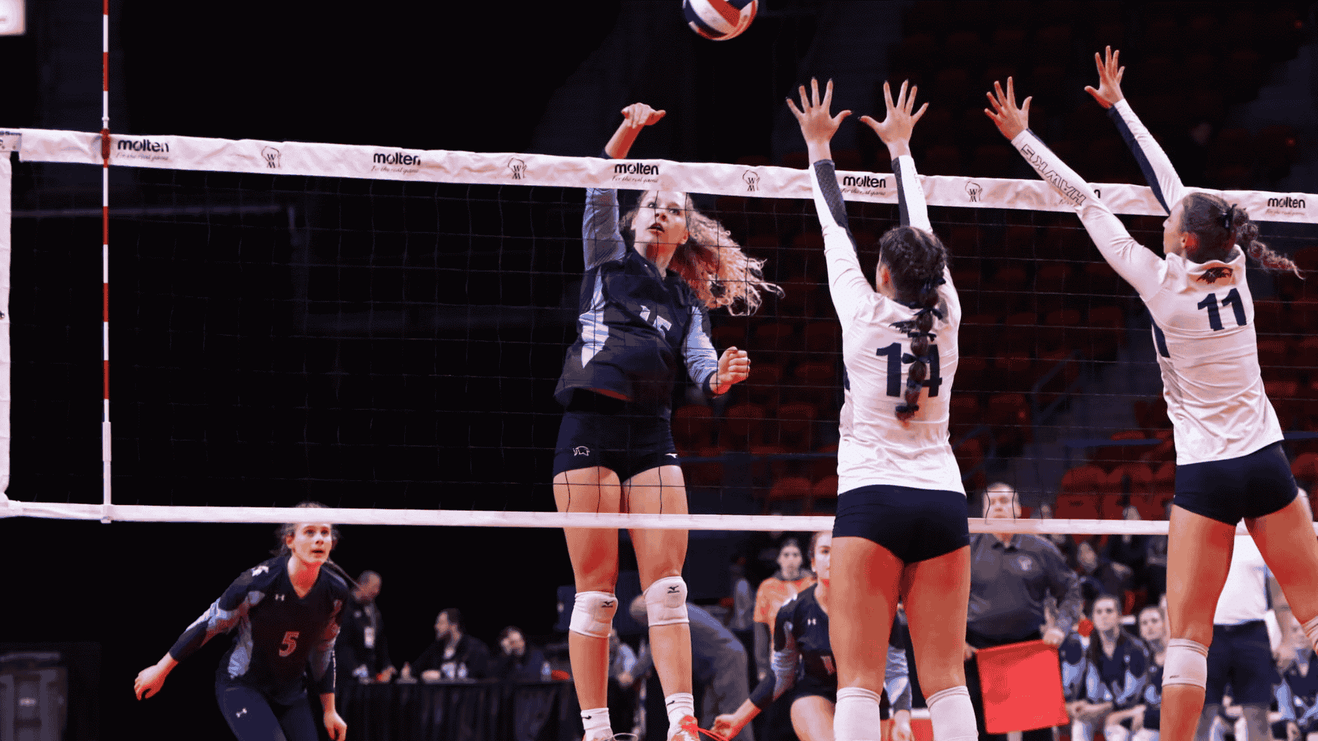 female volleyball player jumps to spike the volleyball as two opponents raise their hands to block at the net