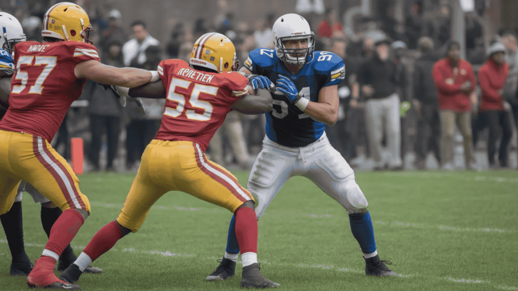 football player in a blue uniform blocks against two defenders in red and yellow during an intense game moment