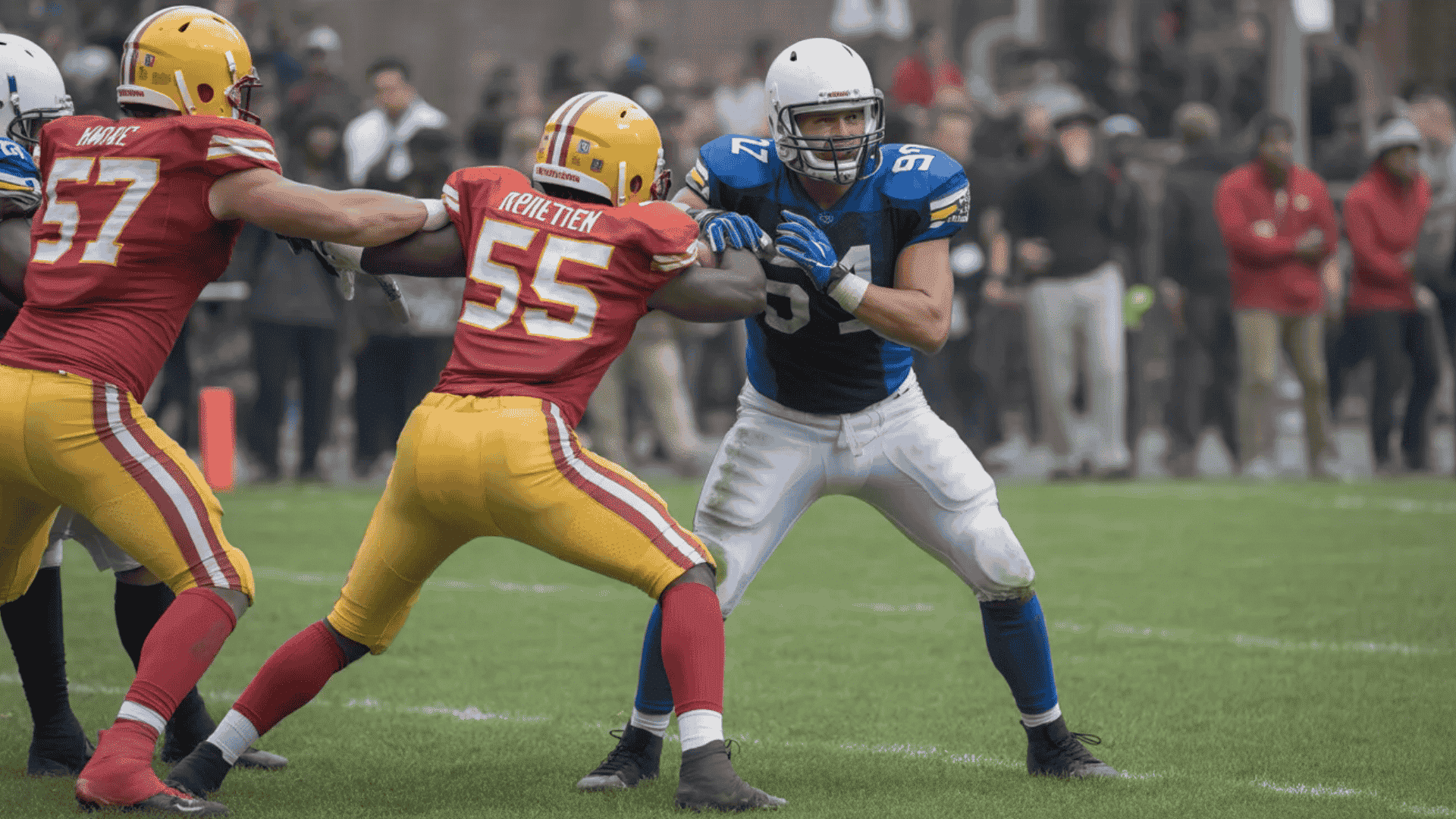 football player in a blue uniform blocks against two defenders in red and yellow during an intense game moment