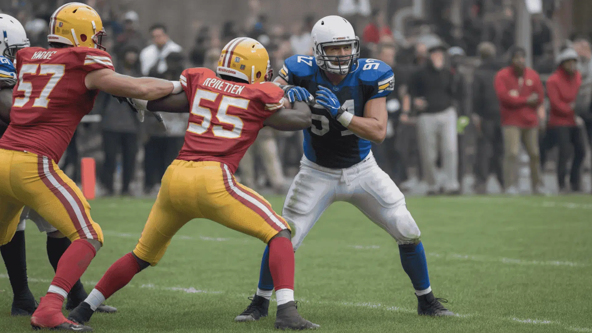 football player in a blue uniform blocks against two defenders in red and yellow during an intense game moment