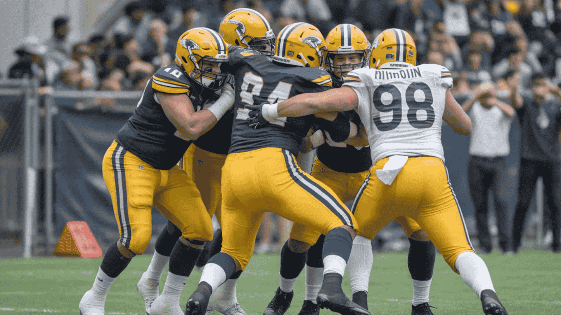 football players in yellow and black uniforms engage in a tight blocking formation during a live play on the field