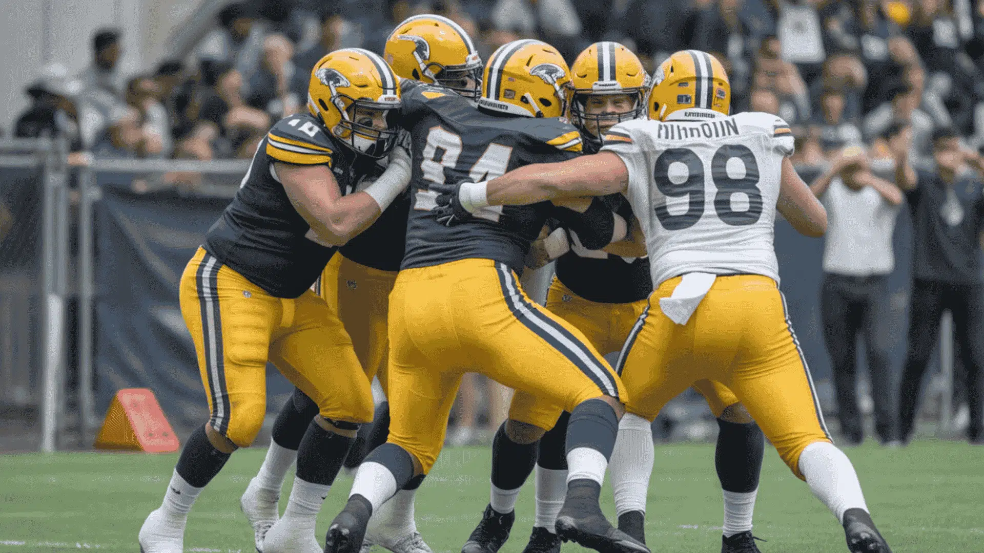 football players in yellow and black uniforms engage in a tight blocking formation during a live play on the field