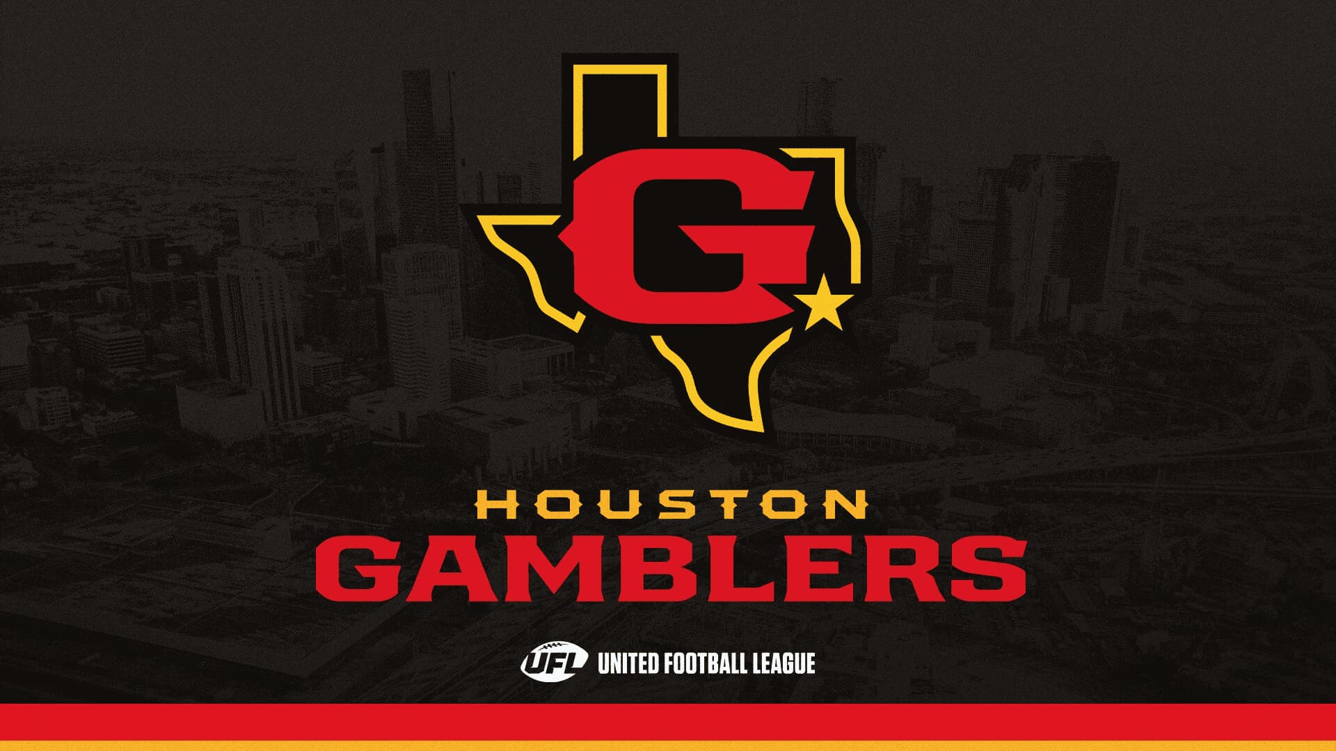 houston gamblers football team logo featuring a bold red g inside a texas outline over a dark houston skyline background