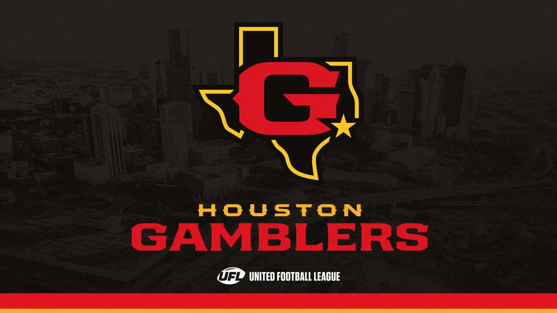 houston gamblers football team logo featuring a bold red g inside a texas outline over a dark houston skyline background