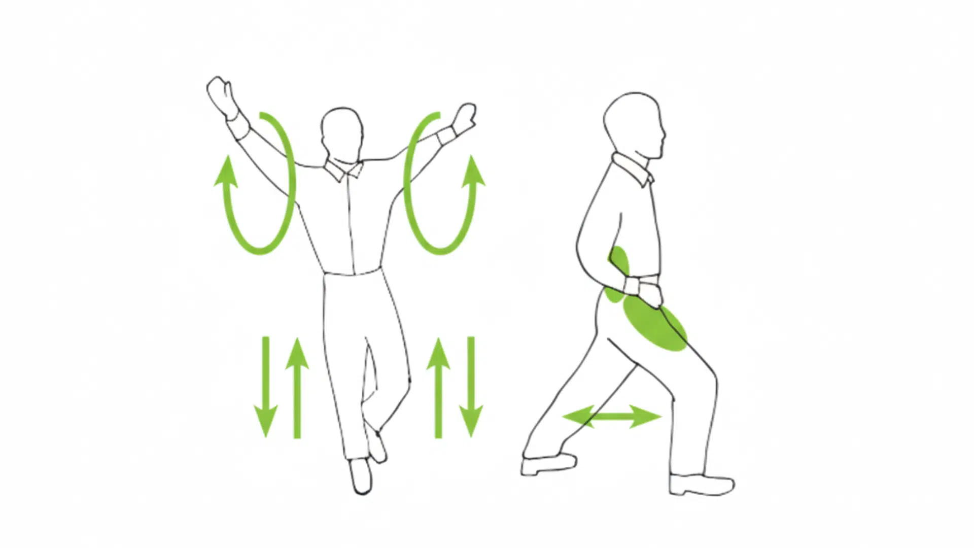 illustration of arm and hip range of motion movements with arrows