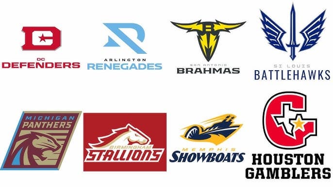 logos of eight football teams including dc defenders arlington renegades san antonio brahmas and houston gamblers displayed on white background