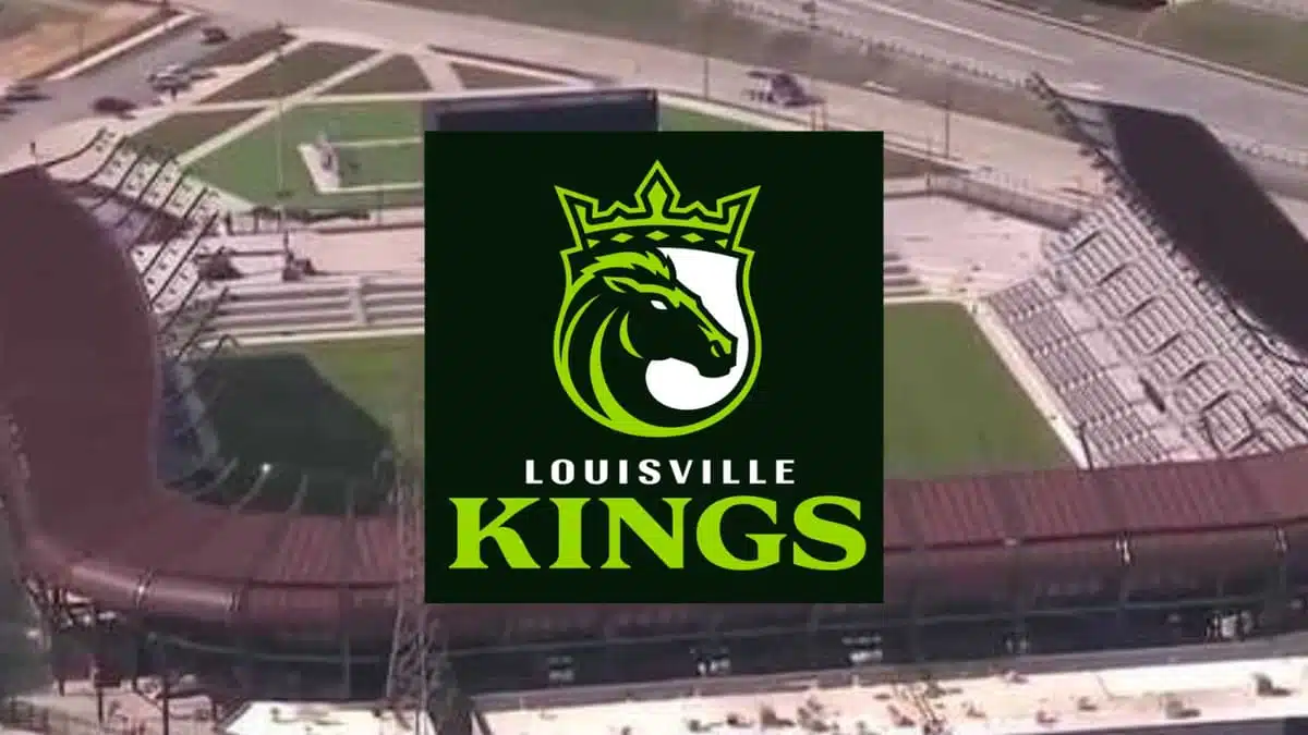 louisville kings football team logo featuring a crowned horse head in green and white over an aerial view of a football stadium