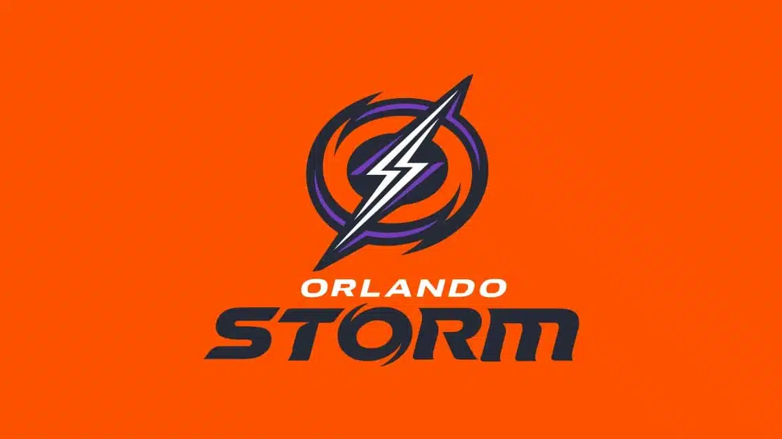 orlando storm football team logo with a lightning bolt inside a swirling storm circle on a bright orange background