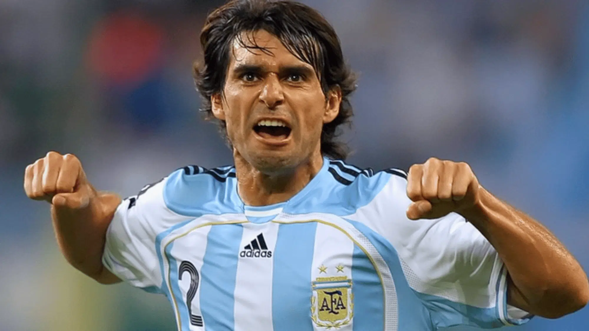 roberto ayala in an argentina jersey celebrating with clenched fists