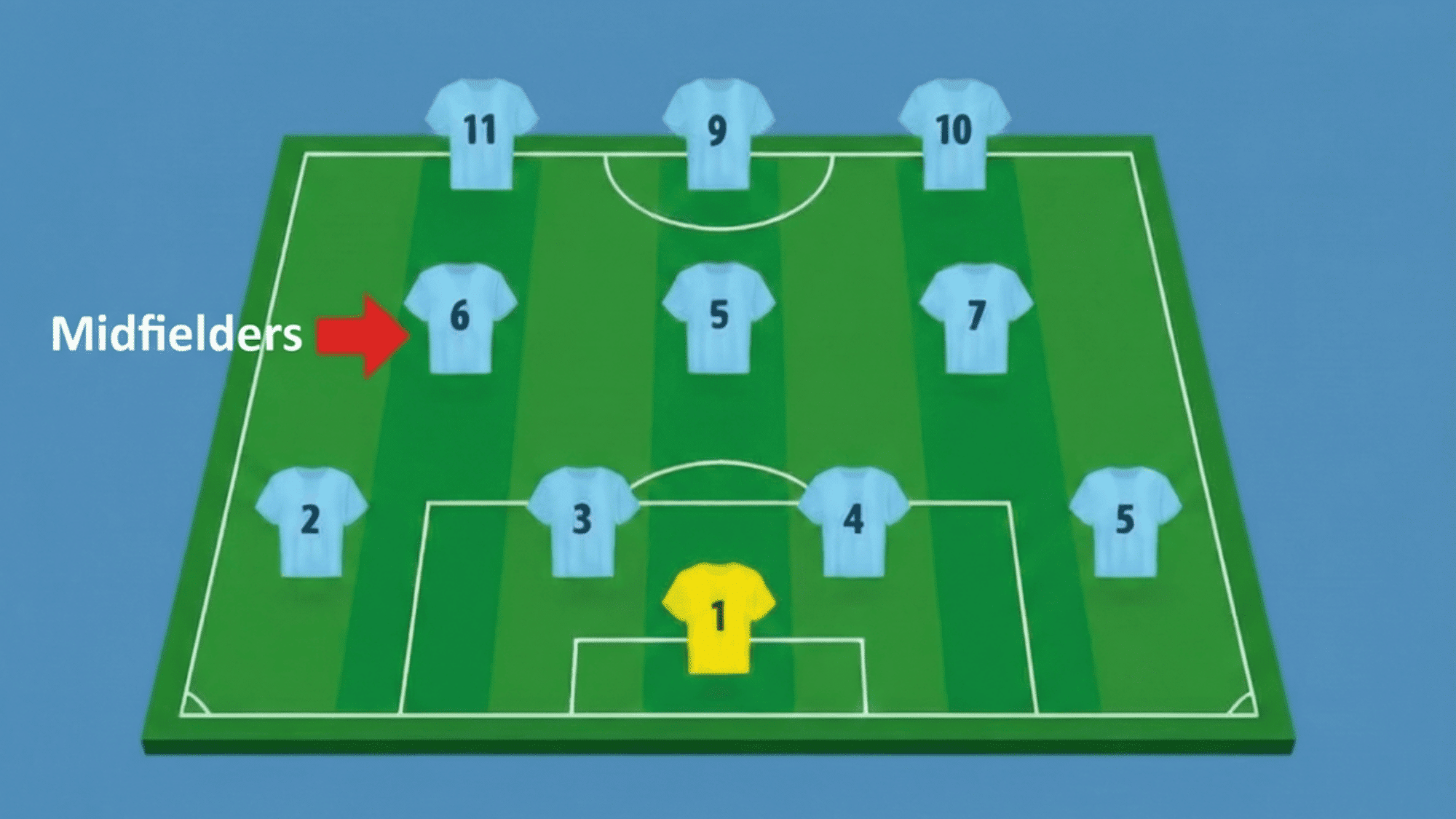 soccer formation diagram showing 4-3-3 setup on a field with an arrow pointing at the mid fielders