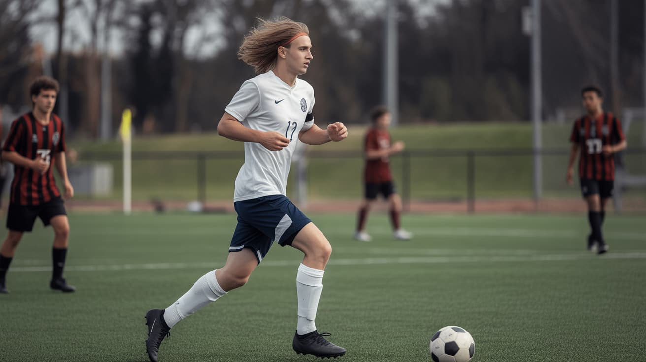 soccer player in a white jersey dribbling a ball across a green field during a match with opposing players in the background