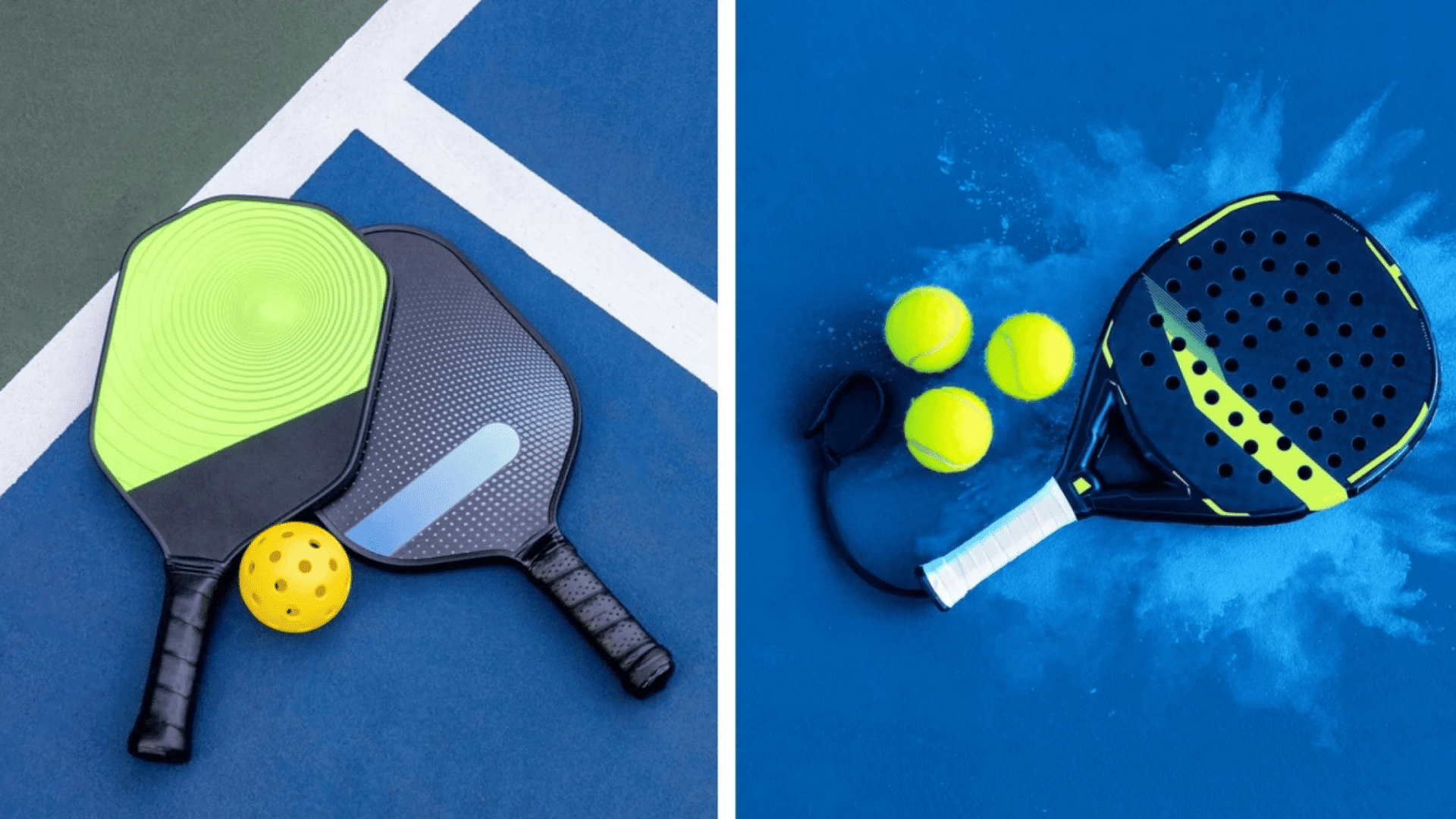split of image of pickleball on right vs paddleball on left