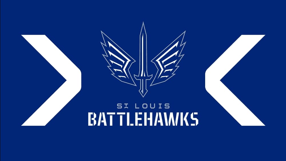 st louis battlehawks football team logo with a winged sword emblem centered on a blue background with the team name displayed below