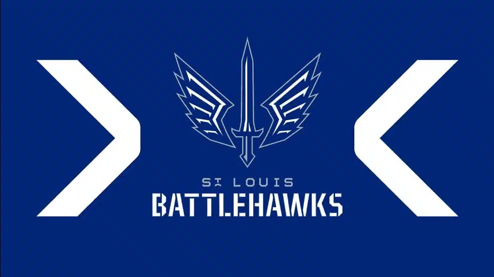 st louis battlehawks football team logo with a winged sword emblem centered on a blue background with the team name displayed below