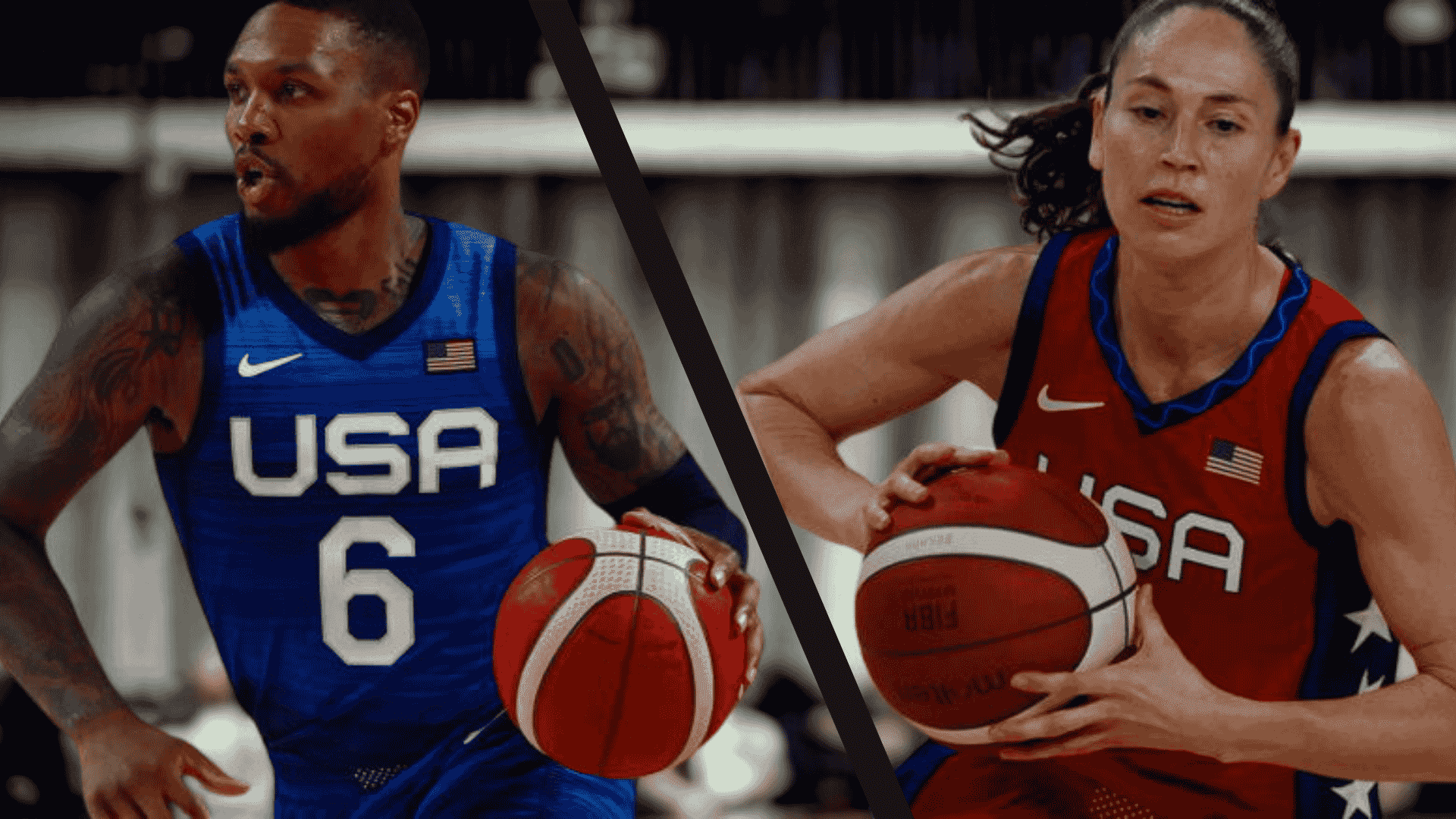 two basketball players, one male and one female, dribbling basketballs during competitive play