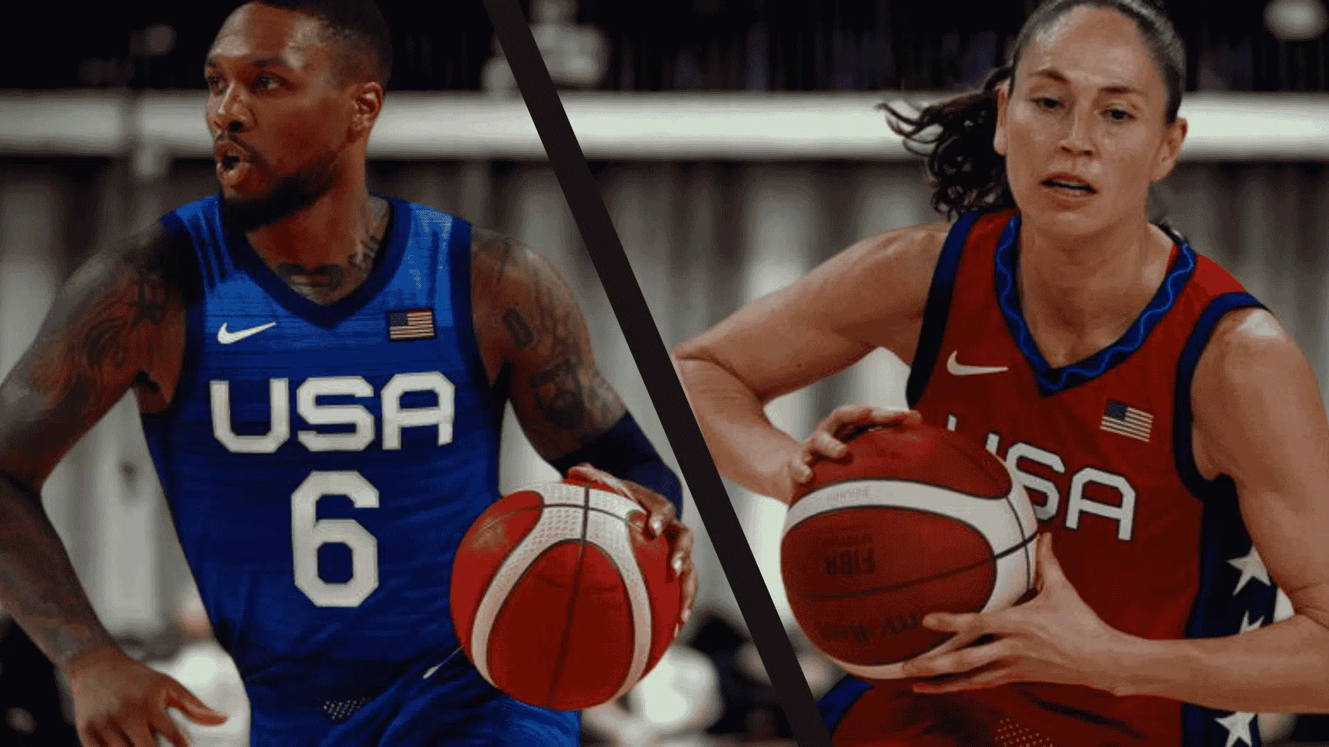 two basketball players, one male and one female, dribbling basketballs during competitive play
