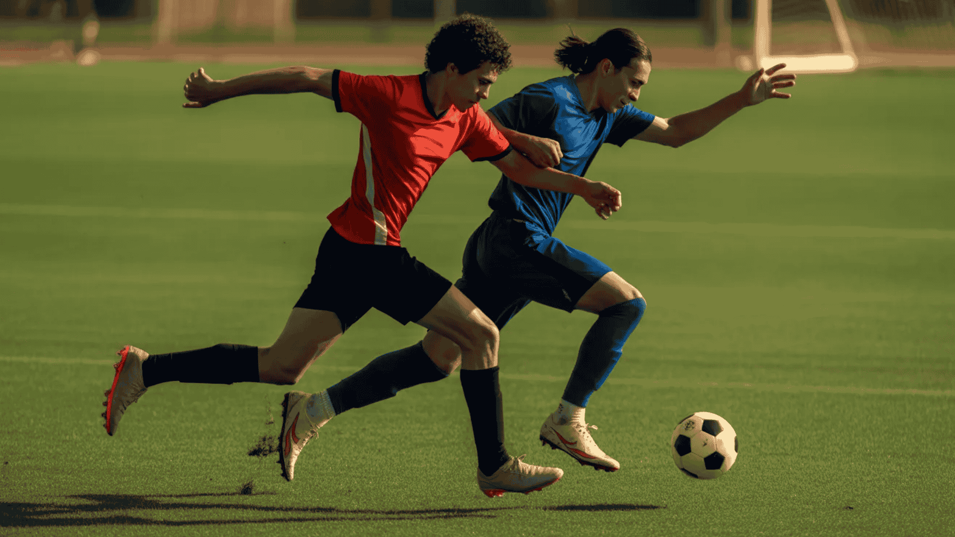 two soccer players in red and blue compete for the ball on a green field with goalposts visible