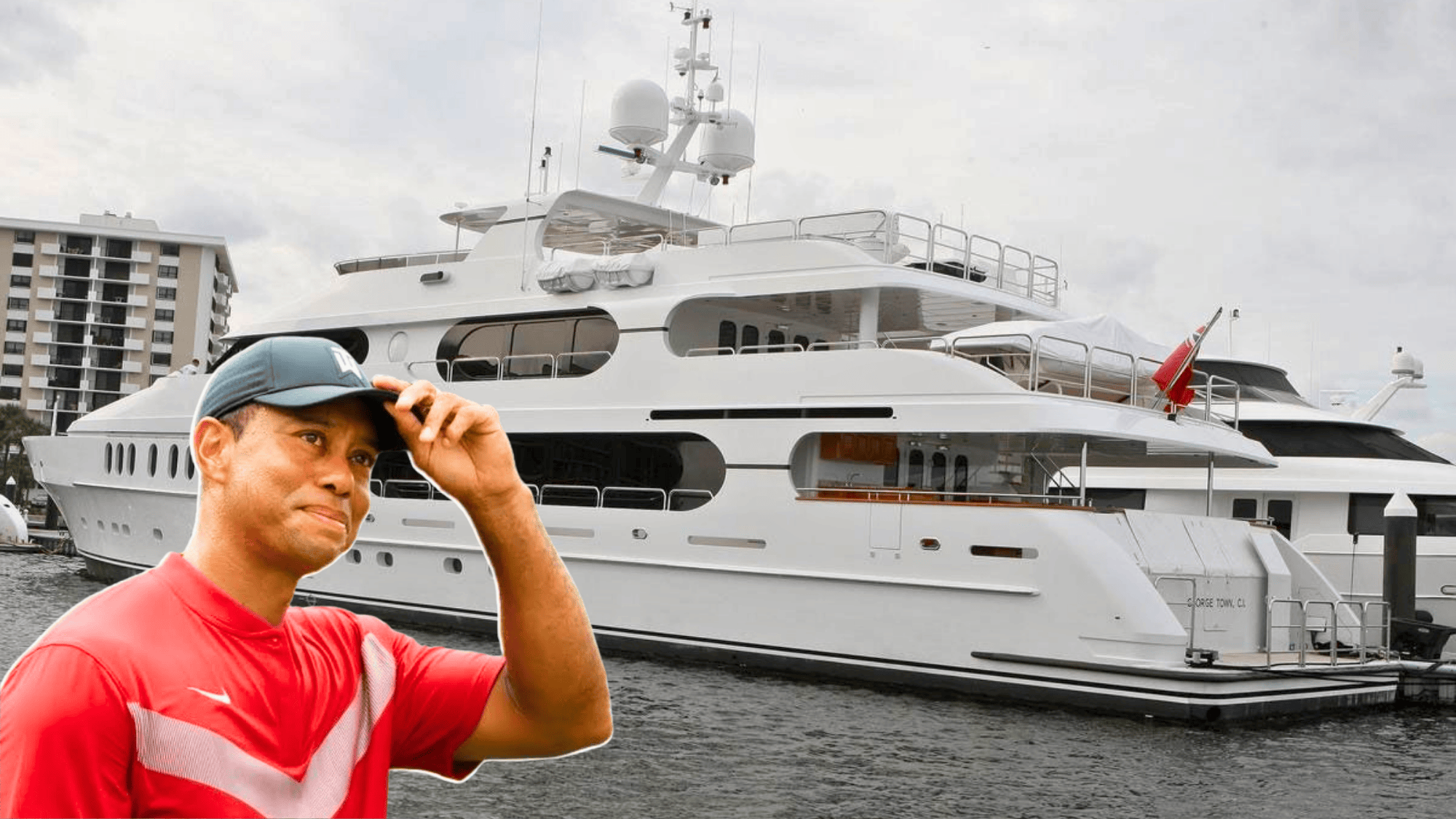 Tiger Woods Yacht man in red shirt adjusting cap standing in front of large white luxury yacht docked on water