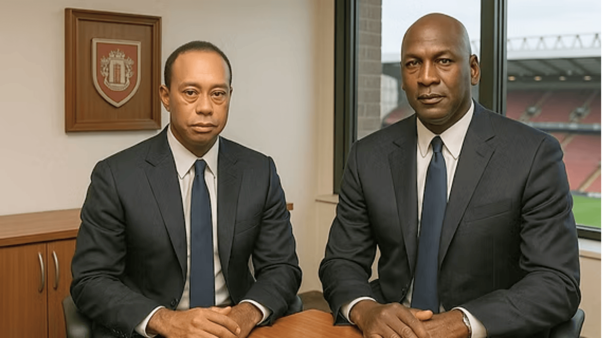 Tiger Woods or Michael Jordan two men in suits sitting at table indoors with serious expressions and window in background